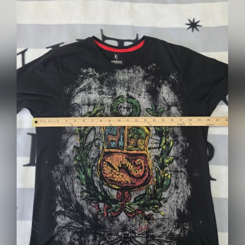 T-SHIRT MEN'S BLACK  PERÚ ESCUDO FUSHOCO 100% COTTON LARGE - Picture 9 of 11